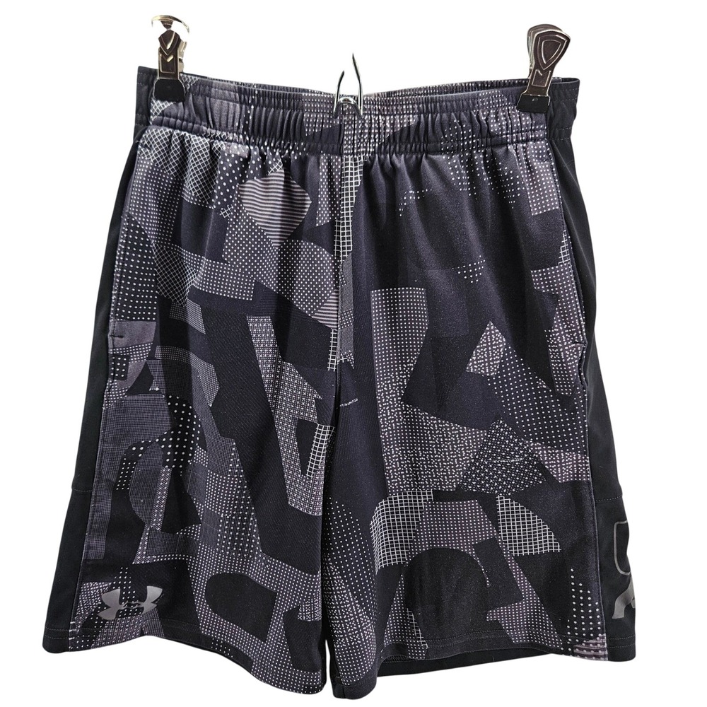 Under Armour Youth Medium Loose Athletic Shorts Black Geometric Print‎ HeatGear